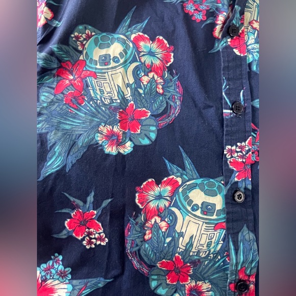 Star Wars Hawaiian Shirt Mens L Blue R2D2 Button Up Short Sleeve Hibiscus Floral - Picture 11 of 15